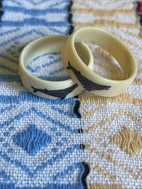 Ivory Resin Whale Print Rings - Pair